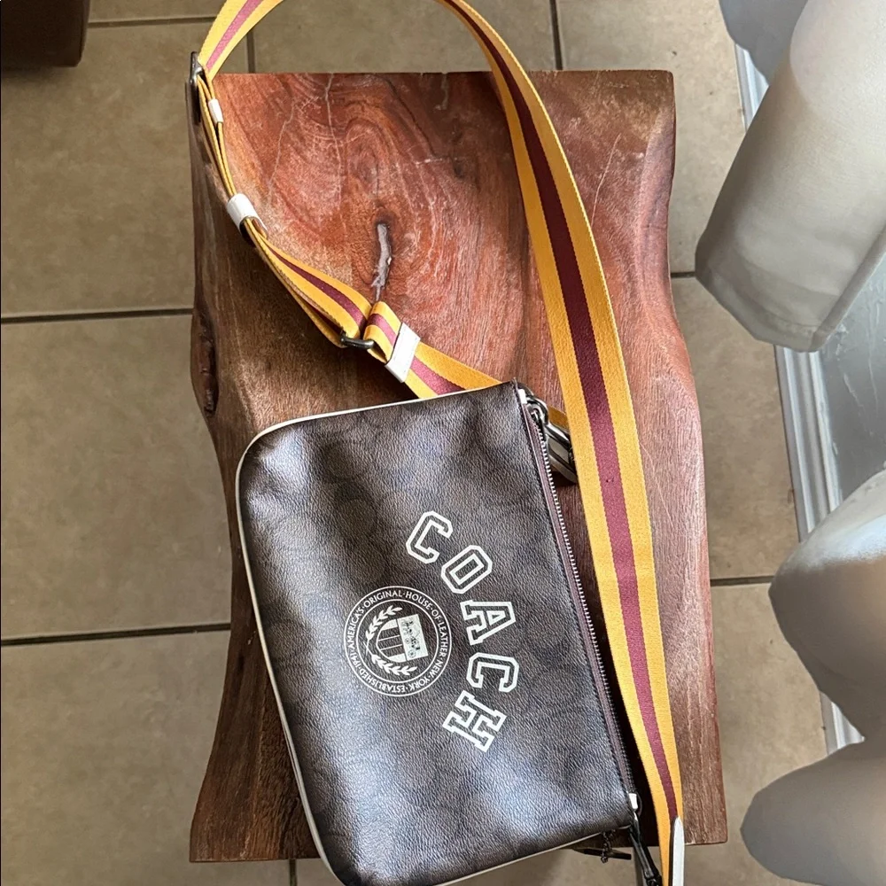 Coach Brown Logo Crossbody with Yellow & Burgundy Stripe Strap - Picture 1 of 1